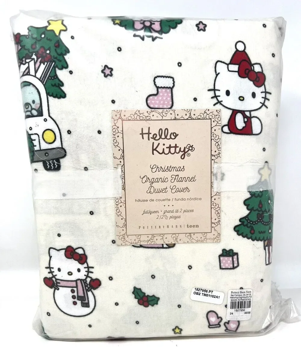 Pottery Barn Teen Hello Kitty Flannel Full Queen Duvet Cover Christmas RED BOWS